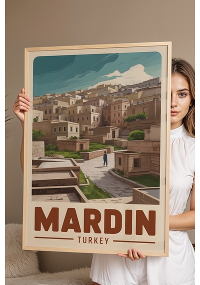Mardin Tablo - Retro Travel Poster - Tarihi Şehir Duvar Dekoru - Çerçeveli Şehir İllüstrasyonu Kayın