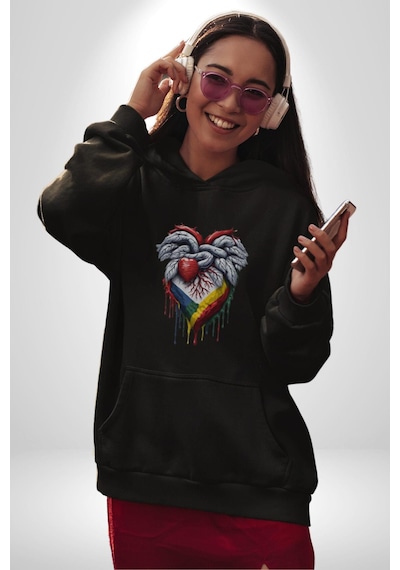 Kalp Damar Renkli Boyalı Kadın Erkek Siyah Kapüşonlu Sweatshirt Hoodie Siyah