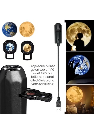 Upway 10 U 1 Arada Gezegen Ve Ay Projektörü - Eğitici Hd Gece Lambası 10 Parça Siyah