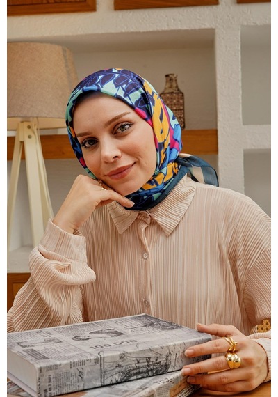 Afvente Yaprak Desen Mavi Soft Pamuk Eşarp