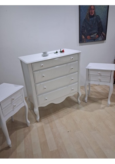 Şifonyer 2 Adet Komodin 90668 Model Aslan Ayak Kayın Parlak Beyaz Porselen Kulp