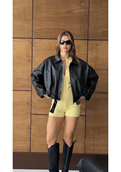 Prifaldi Oversize Bomber Deri Ceket Siyah
