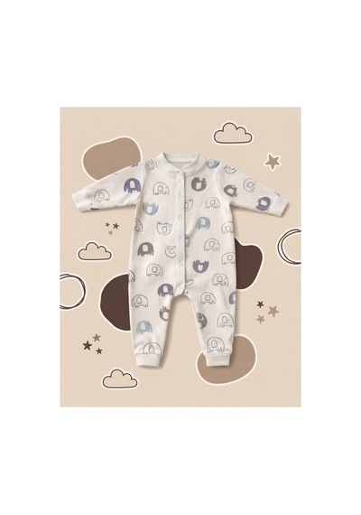 Minory Baby - Patikli Bebek Tulumu Fil Motifli Bej Bej