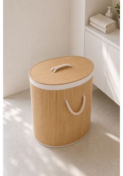 Bambu Oval Kirli Çamaşır Sepeti Katlanabilir Bambu Kirli Çamaşır Oyuncak Çok Amaçlı Sepet Açık Kahverengi