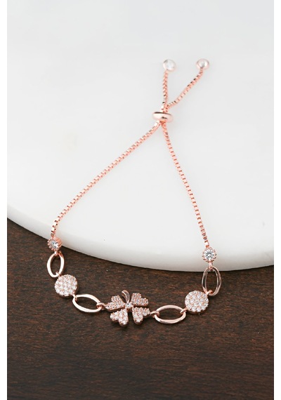 Yonca Motifli Zirkon Taşlı Rose Gümüş Bayan Bileklik -7639 Gümüş