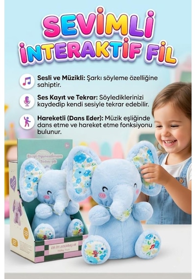 Sevimli Fil Sesli Müzikli Hareketli Kulaklı Ses Kaydeden Ve Taklit Eden Dans Eden Oyuncak Peluş Mavi