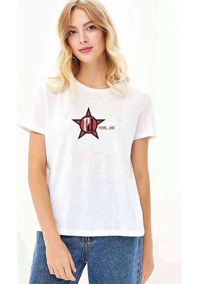 Pearl Jam Logo Baskılı Beyaz Kadın Tshirt