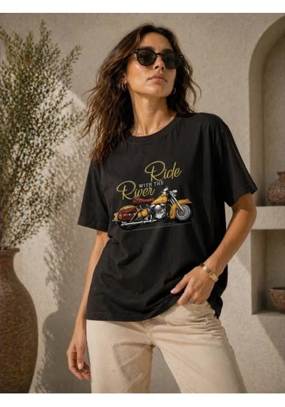 Defymoda Motosiklet Baskılı Tişört Bisiklet Yaka Kısa Kol Yazlık T-shirt - Siyah