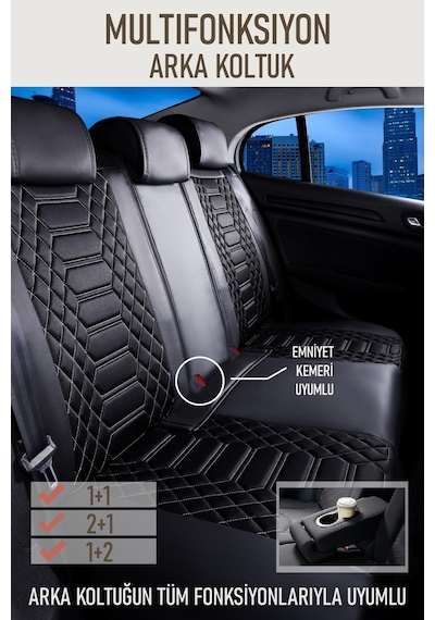 Toyota Corolla E210 2019-2024 Uyumlu Lüx Deri Oto Koltuk Kılıfı Ön Arka Takım Crystal Siyah Beyaz