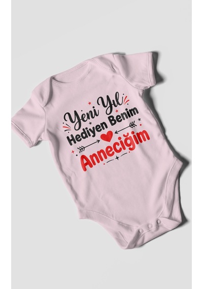 Morivokids Yeni Yıl Hediyen Benim Anneciğim Kısa Kollu Bebek Body %100 Pamuk Bebe Pembe