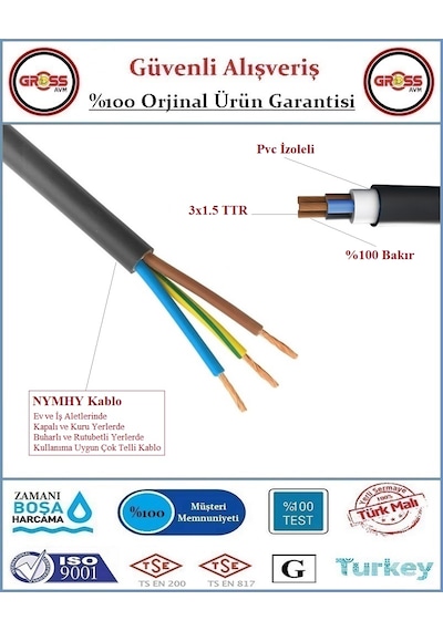 Öznur 3x1.5 Nymhy Ttr Siyah Elektrik Uzatma Ara Kablosu - 4 Metre