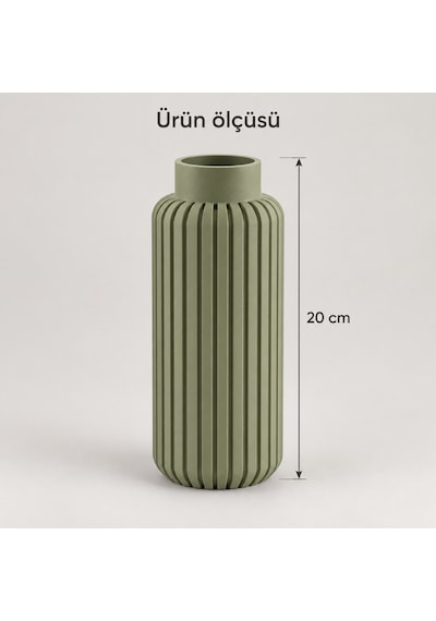 Dikey Çizgili Dekoratif Vazo 20 Cm Modern Silindir Tasarım Haki