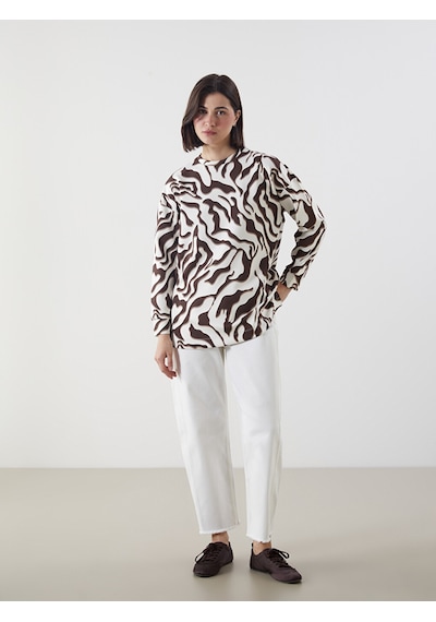 Lcw Modest Kahverengi Desenli Oversize Kadın Sweatshirt Tunik
