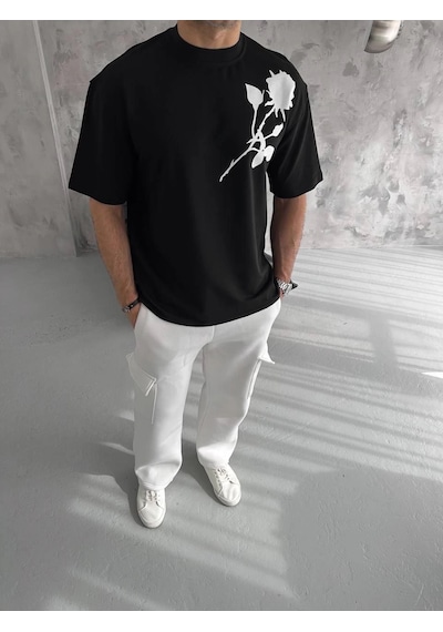 Moda Assema Erkek Bisiklet Yaka Baskılı Oversize Kısa Kol T-shirt - Siyah Çok Renkli