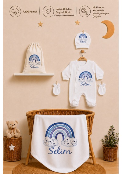 Pia Baby İsme Özel %100 Pamuk Erkek Bebek Yastık Battaniyeli Tulum Set Kese Hediyeli 1101tybkyx Krem