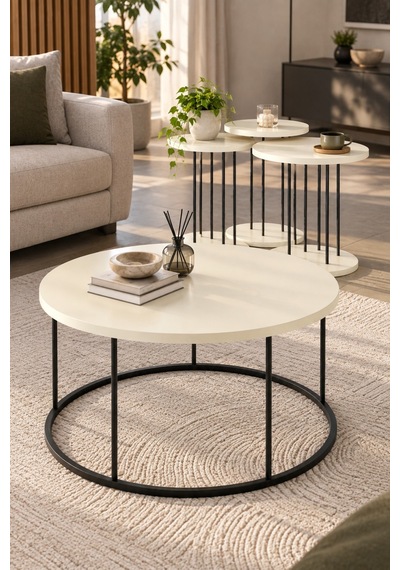 Sulorahome Siyah Metal Ayaklı Krem Bej 4'lü Sehpa Seti Beyaz - Wenge