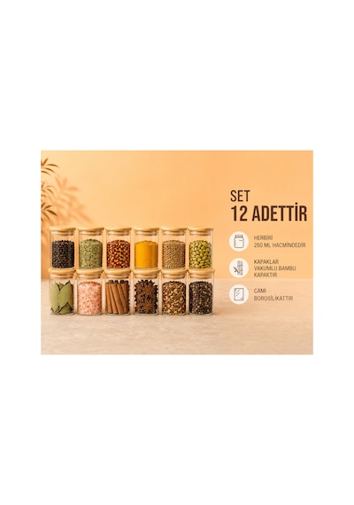 12'li Bambu Vakum Kapaklı Borosilikat Cam Baharat Seti 270 Ml Diğer