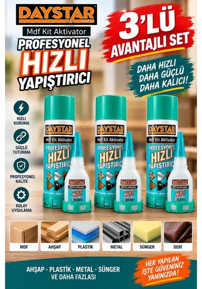 Daystar Profesyonel Hızlı Yapıştırıcı 3 Lü Set Mdf Ahşap Plastik Metal Uyumlu Aktivatörlü Güçlü Ya