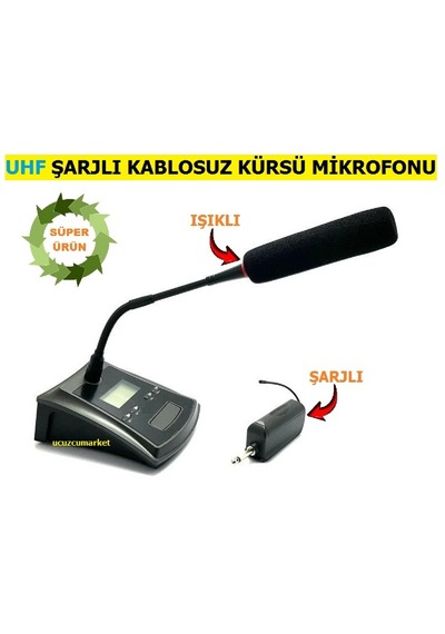 Uhf Telsiz Kablosuz Kürsü Mikrofonu Şarjlı - Işıklı - Yüksek Ses