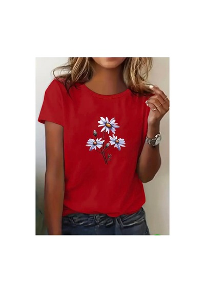 Medinenur Papatya Desenli Basic T-shirt Kırmızı