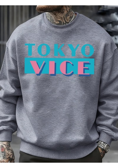 Startmore Startmoretokyo Vice Büyük Harfli Baskılı Sweatshirt Erkek Polar Bol Moda Sokak Giyim O-yaka Sonbahar K Gri
