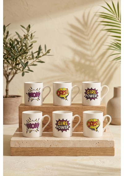 12 Parça 6 Kişilik Porselen Pop Art Kahve Fincan Takımı 100ml Beyaz