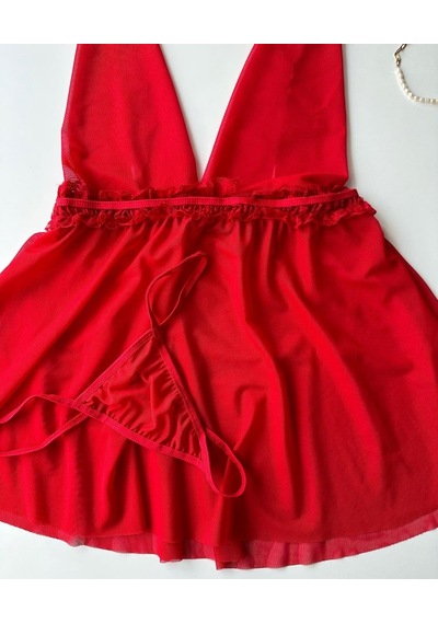 Kadın Boyundan Bağlamalı Derin Dekolte Tül Mini Gecelik/babydoll Kırmızı