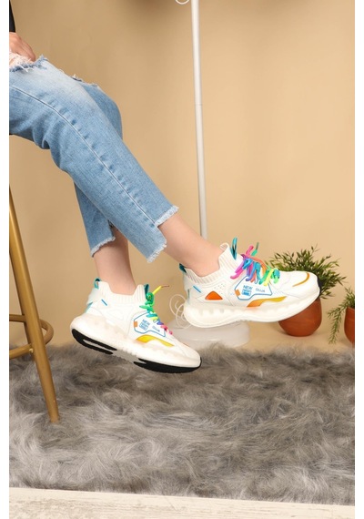Guja Renkli Bağcıklı Triko Unisex Spor Ayakkabı Beyaz-Beyaz