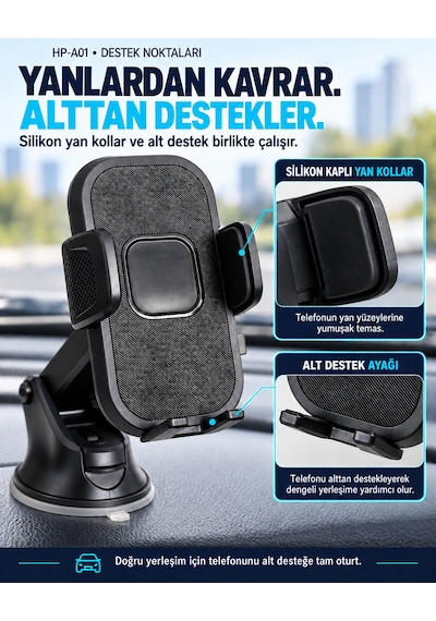 Dexxony Hp-a01 Vakum Kilitli Vantuzlu Araç İçi Telefon Tutucu 360 Döner Teleskopik Kollu Siyah Centilmen Siyah
