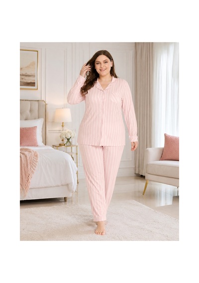 Alperi Büyük Beden Kadın Boydan Düğmeli Çizgili Mevsimlik Pijama Takım B790-45 Pembe