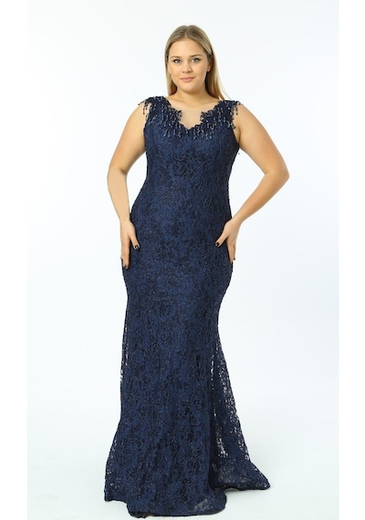 Ladies First Büyük Beden 3403 Lacivert Uzun Abiye Elbise