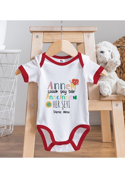 Bk Gift Bk Kids Kişiye Özel Annem Çok Şeyi Bilir Tasarımlı Kırmızı Bebek Body Zıbın-1 9-12 Ay