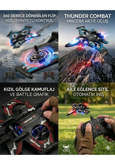 Uzaktan Kumandalı Uçak Dron Thunder Combat Mavi 2.4ghz 360 Derece Dönebilen Led Işıklı Otomati