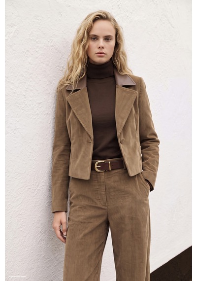 Sateen Bedene Oturan Kadife Ceket - Camel-138082