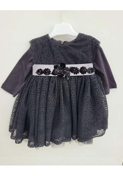 Zekids Kız Bebek Çocuk Uzun Kol Çiçek Detaylı Abiye Elbise-12335-siyah Siyah