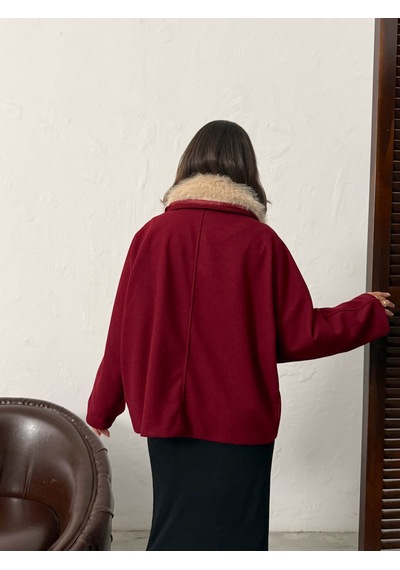 Verymoda Peluş Yakalı Dügmeli Kaşe Mont F2048 Bordo