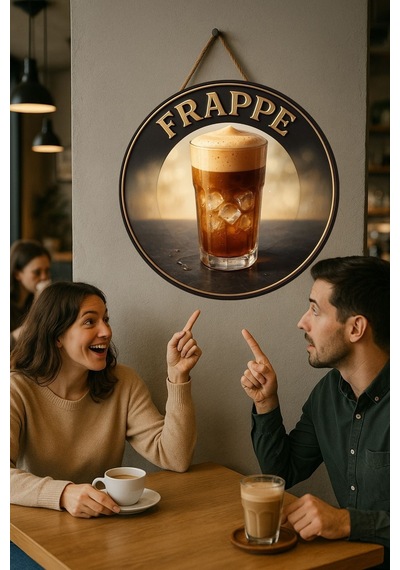 Frappe Temalı Yuvarlak Cafe Tabelası, Jüt İpli Ahşap Duvar & Kapı Dekoru, Barista Tarzı Retro Süs