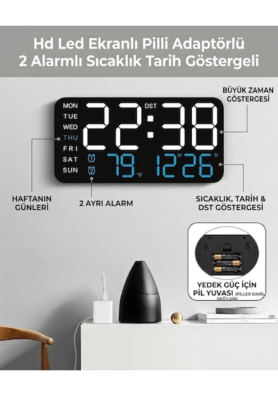Hd Led Ekranlı Pilli Adaptörlü 2 Alarmlı Sıcaklık Tarih Göstergeli Mavi Beyaz Duvar Masa Saati Fonksiyonel Saat