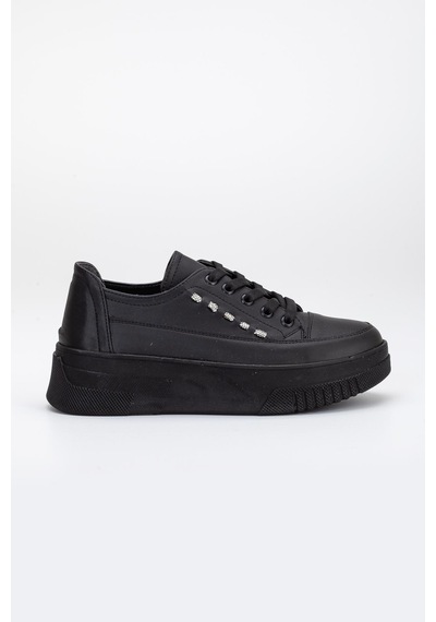 Dilimler Ayakkabı Kalın Taban Tek Sıra Taşlı Bağcıklı Siyah Kadın Spor Ayakkabı-2849-siyah Siyah