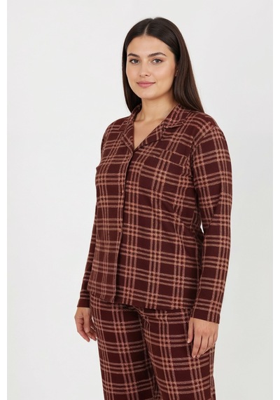 Bravie Luxury Soft Kahverengi Ekose Desenli Uzun Kollu Kadın Pijama Takımı Büyük Beden 3009 Kahverengi
