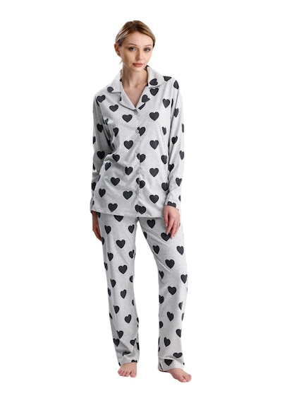 Yeni İnci Kalp Desen Pamuk Kadın Pijama Takım Gri