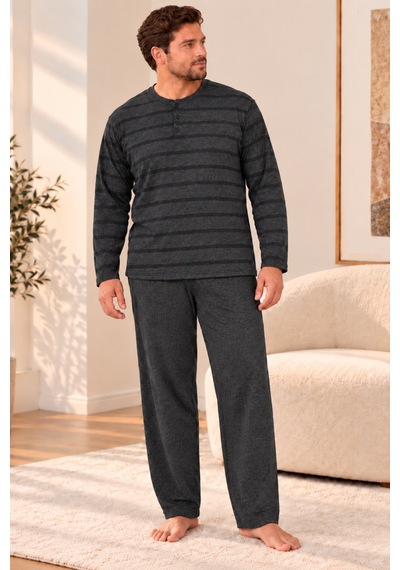 Nisanca Büyük Beden Premium Soft Erkek Pijama Takımı Yumuşacık Dokulu Uzun Kollu Düğmeli Yaka Çizgili Kışlık Pijama Füme
