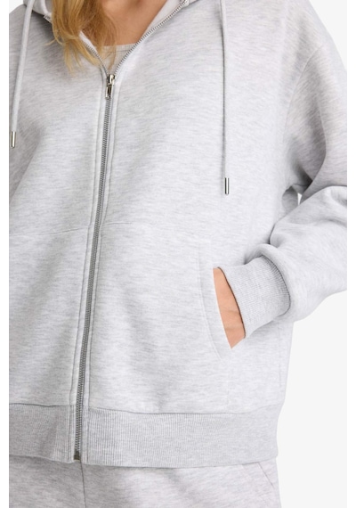 DeFacto -  Relax Fit Kapüşonlu Basıc Kalın Fermuarlı Sweatshirt C1809AX26SP Gri