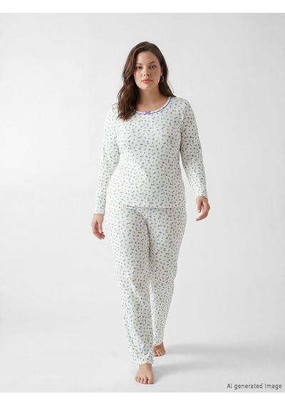Lcw Dream Ekru U Yaka Çiçekli Kadın Pijama Takım