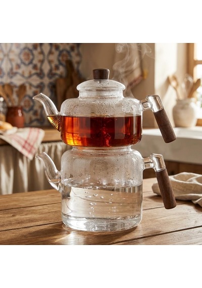 Akasya Cam Çaydanlık Takımı 1800 Ml + 950 Ml - Ahşap Kulplu Isıya Dayanıklı Borosilikat Şeffaf Çaydanlık çok renkli