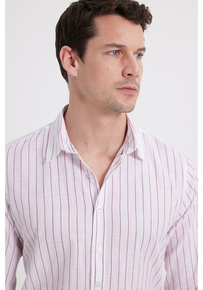 Tudors Erkek Slim Fit Dar Kesim Uzun Kollu %100 Pamuk Keten Doku Çizgili Gömlek-42650 Beyaz