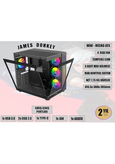 James Donkey Stark S800 4xargb Temperli Cam 750W 80+ Bronze Atx Siyah Gaming (Oyuncu) Kasa