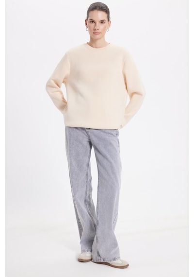 Tudors Kadın Oversize Geniş Kesim Pamuklu 3 İplik İçi Polarlı Basic Bej Bisiklet Yaka Sweatshirt-42065 Bej