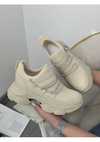 Erva'nın Butiği Bej Dore Kadın Gizli Topuklu Bağcıklı Sneakers-5263