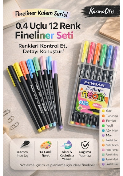 0.4 Uçlu 12 Renk Fineliner Kalem Seti Neon & Pastel Pensan İnce Uç Çizim Kalemi Seti